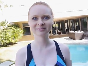 Teen ginger ass on swart dark by the pool